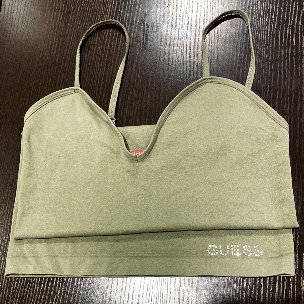 GUESS Y2K Rhinestone Logo Tank Top - Olive Green